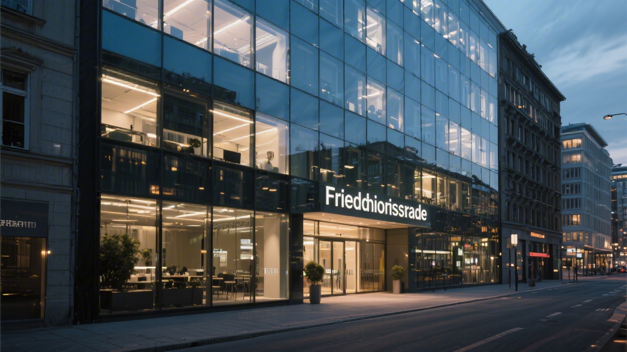 Street level view of Friedrichstraße office building in Berlin Mitte featuring modern glass facade, clean signage and evening city lights reflecting urban professionalism.