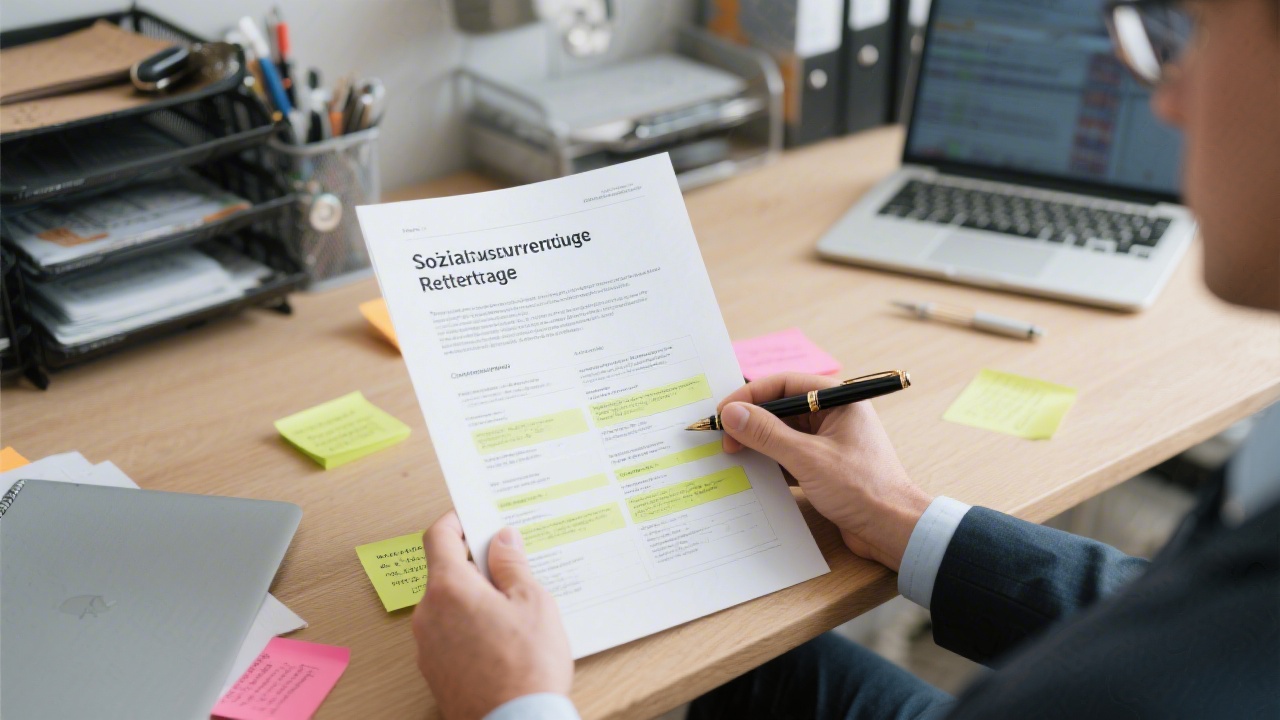 Finance manager reviewing printed compliance report on Sozialversicherungsbeiträge with highlighted sections and sticky notes beside an organized desk featuring secure laptop and fountain pen.