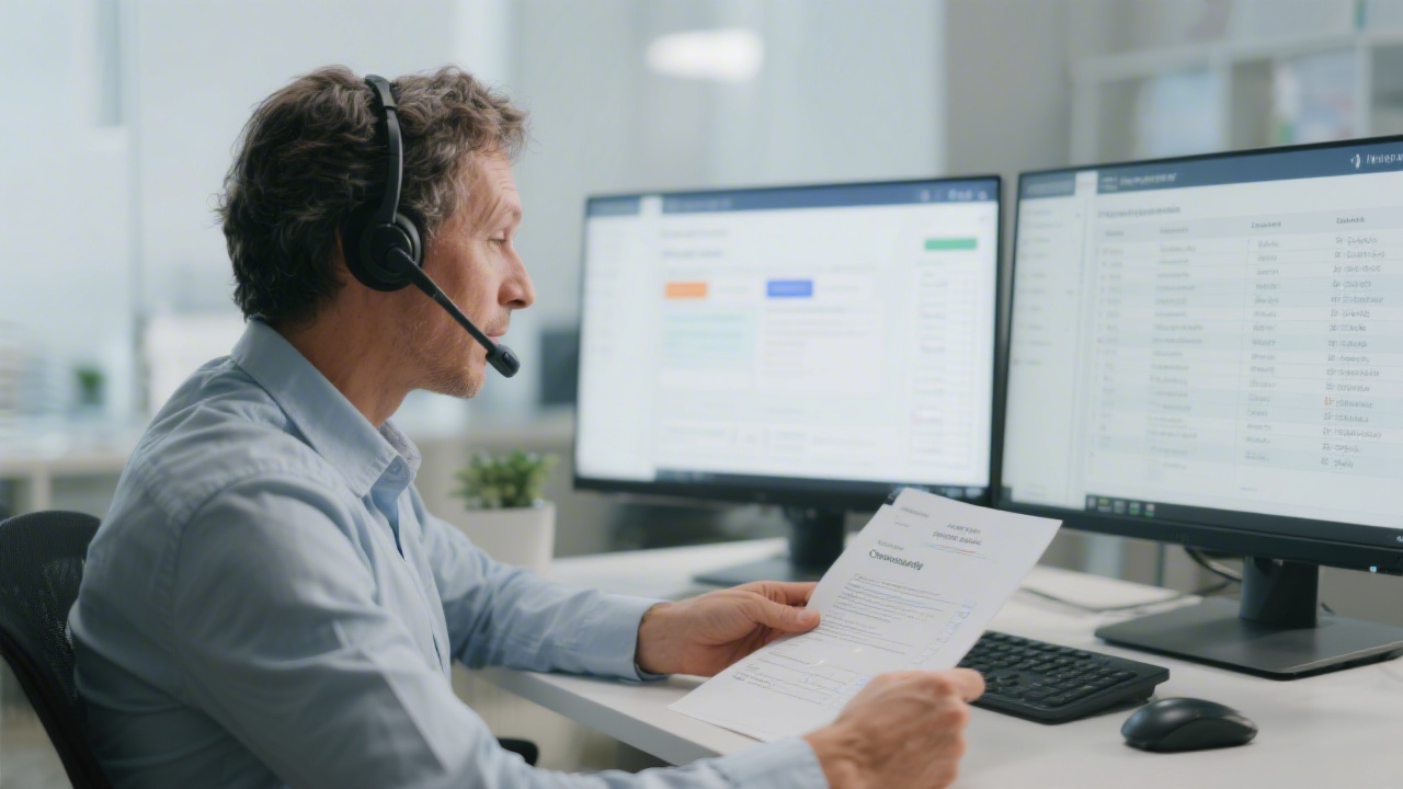 Experienced support consultant wearing headset providing guidance on contribution filings while referencing structured checklist and knowledge base on dual monitors in calm workspace.