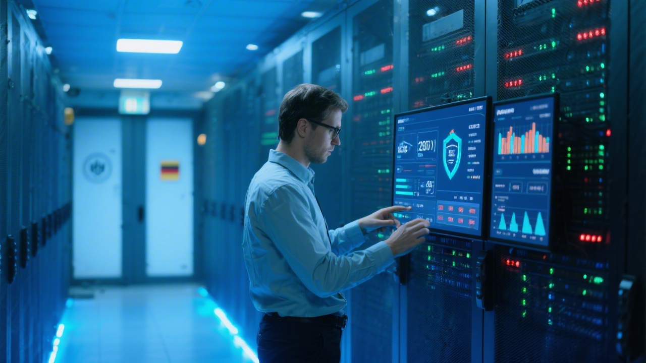 IT specialist monitoring data security dashboards with encryption metrics and firewall status lights inside a certified German data center aisle illuminated by cool blue lighting.
