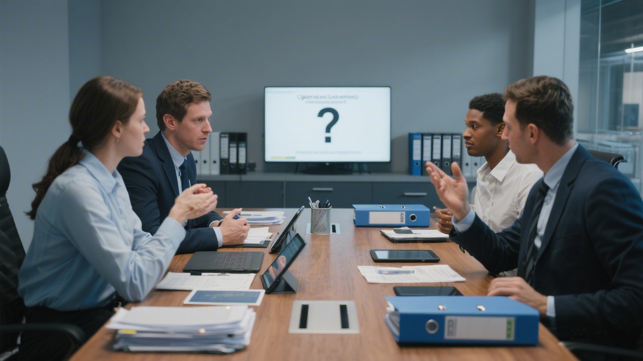 Operations and compliance specialists engaged in structured question and answer session with documentation binders, tablet devices and securely stored records on conference table.