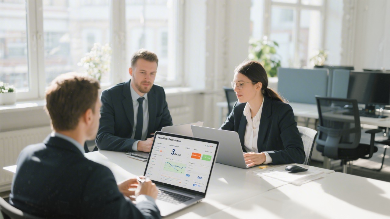 Professional payroll specialists collaborating around laptops displaying German social insurance contribution dashboards in a sunlit Berlin office environment with modern minimalistic furniture.
