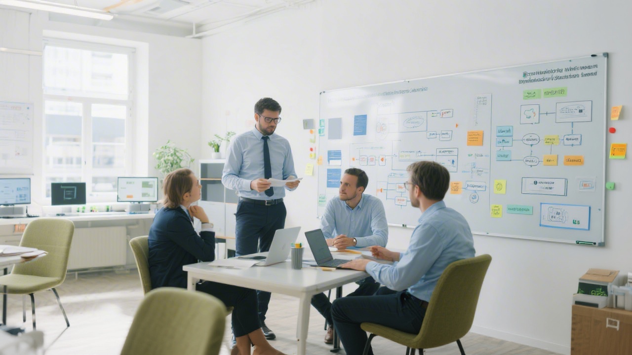 Collaborative innovation lab with agile boards, process diagrams and engineers discussing automation scenarios for German social insurance administration in a bright flexible workspace.