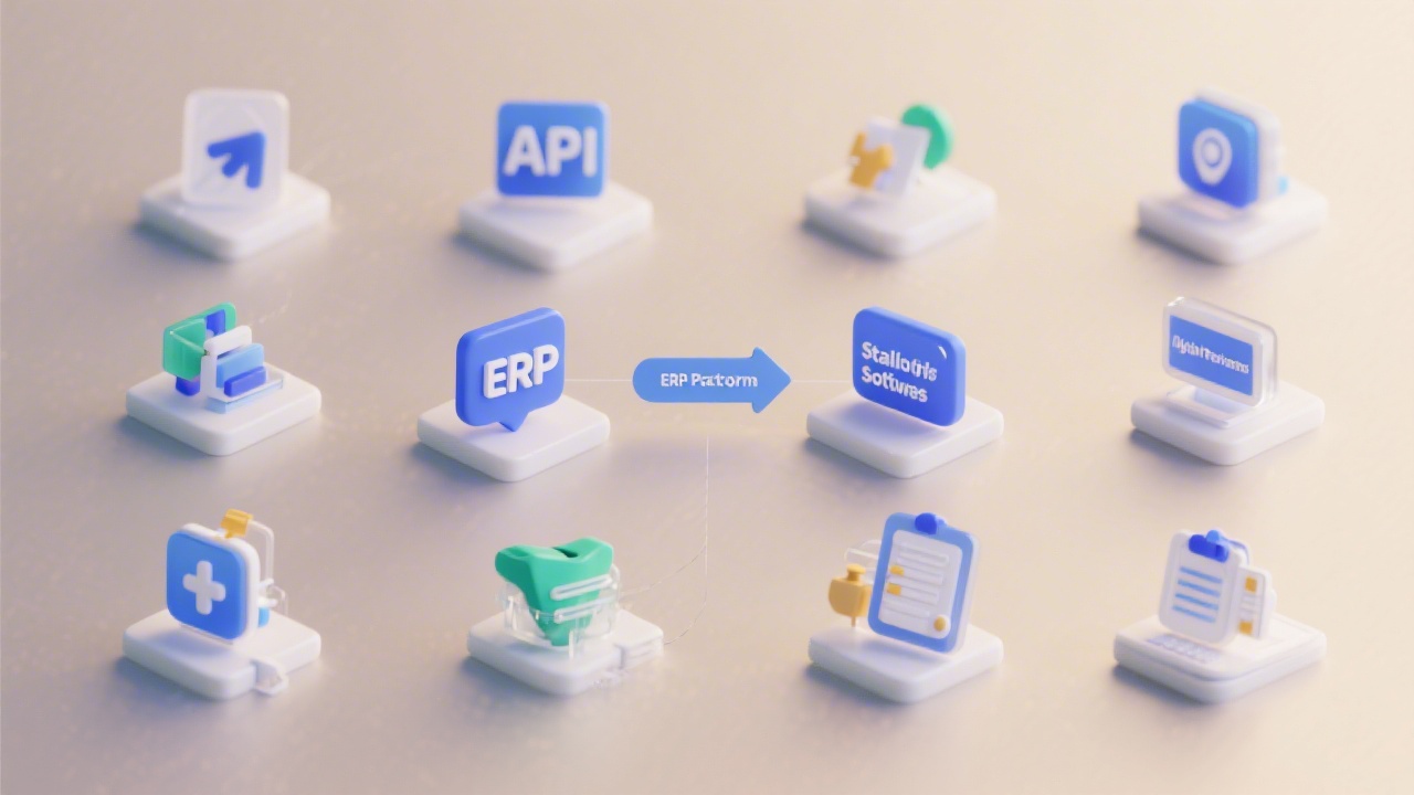 Collection of integration icons demonstrating APIs between payroll software, ERP platforms, statutory health insurers and digital reporting tools visualized on a neutral gradient background.