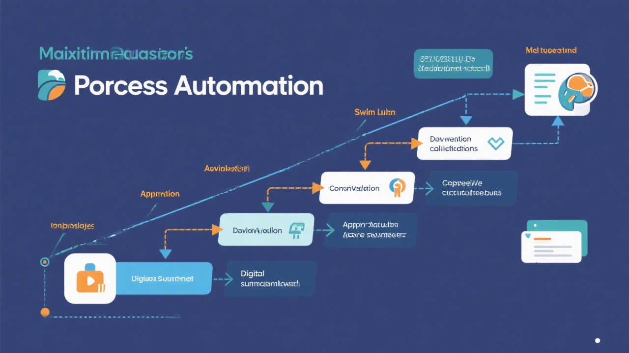 Illustrated process automation map with sequential swimlanes describing data validation, contribution calculation, approval and digital submission stages using clear icons and annotations.