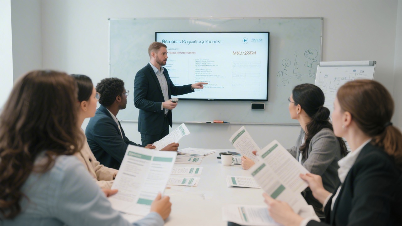 Small group workshop where payroll professionals follow facilitator explaining regulatory updates on digital whiteboard while referencing extensive printed manuals.